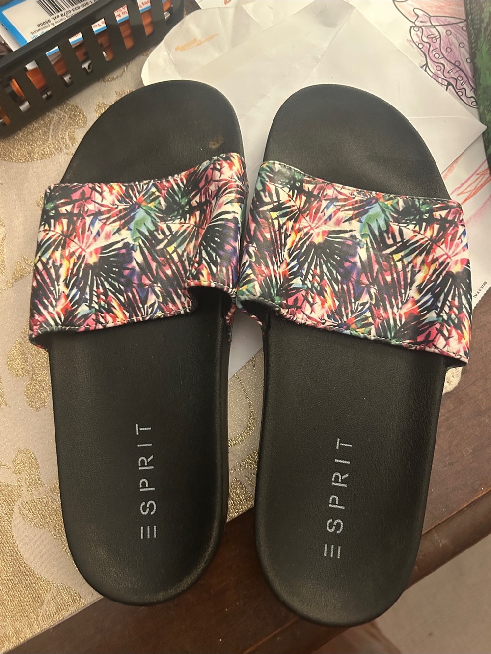 Esprit Black Slide Sandals with Multicolor Tropical Pattern Strap